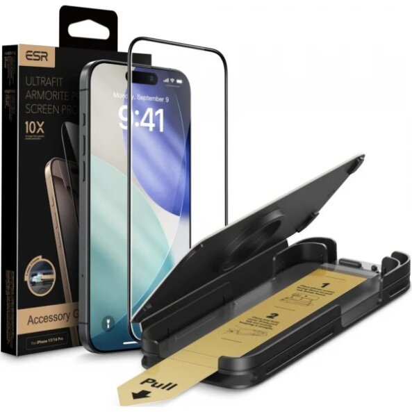 Folie de protectie Ecran ESR UltraFit Armorite Pro pentru Apple iPhone 17 / 16 Pro, Sticla Securizata, Full Glue, Neagra