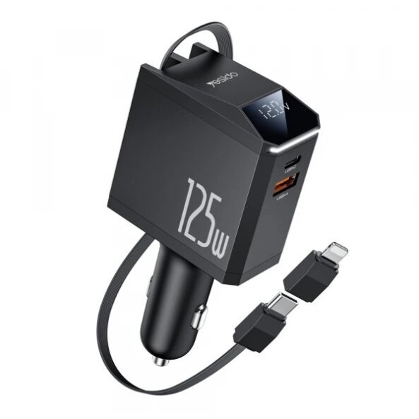 Incarcator Auto Cu Cablu USB-C / Lightning Yesido Y71 Display, 125W, 3A, 1 x USB-A - 1 x USB-C, Negru