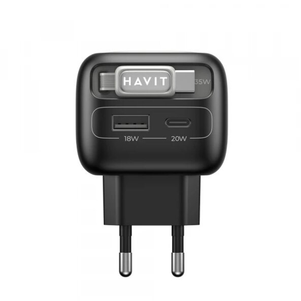 Incarcator Retea Cu Cablu USB-C HAVIT UC251, 35W, 3A, 1 x USB-A - 1 x USB-C, Negru Gri