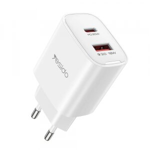 Incarcator Retea Yesido YC02E, 20W, 3A, 1 x USB-A - 1 x USB-C, Alb