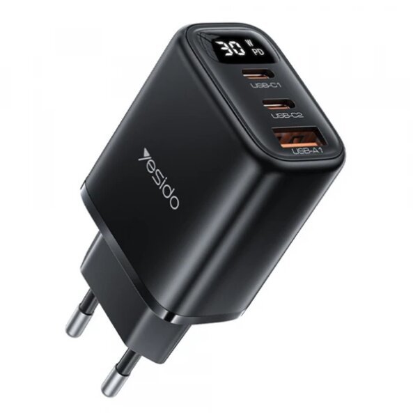Incarcator Retea Yesido YC69 Display, 30W, 3A, 1 x USB-A - 2 x USB-C, Negru