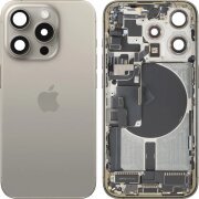 Capac Baterie Apple iPhone 15 Pro, Cu Carcasa Mijloc, Full Parts, Bej (Natural Titanium), Swap
