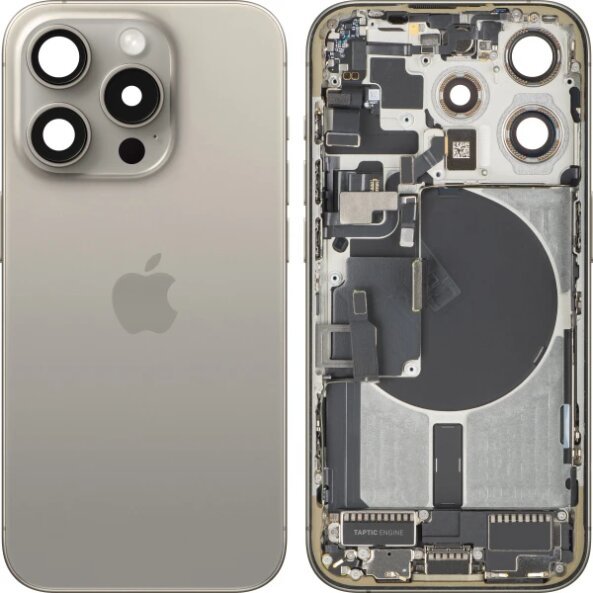 Capac Baterie Apple iPhone 15 Pro, Cu Carcasa Mijloc, Full Parts, Bej (Natural Titanium), Swap