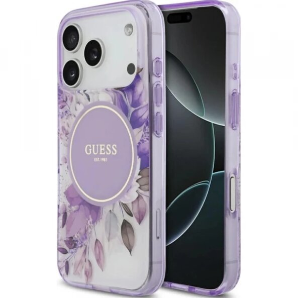 Husa MagSafe pentru Apple iPhone 17 Pro, Guess, IML Flower &amp; Tonal Circle, Mov