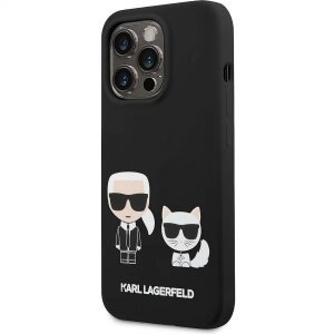 Husa MagSafe pentru Apple iPhone 14 Pro, Karl Lagerfeld, Silicone Body Karl &amp; Choupette, Neagra