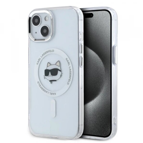 Husa MagSafe pentru Apple iPhone 15, Karl Lagerfeld, IML Choupette Head Metal Frame, Transparenta