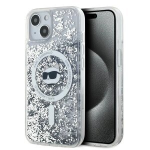 Husa MagSafe pentru Apple iPhone 15, Karl Lagerfeld, Liquid Glitter Choupette Head, Transparenta