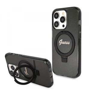 Husa MagSafe pentru Apple iPhone 15 Pro, Guess, IML Ring Stand Glitter, Neagra