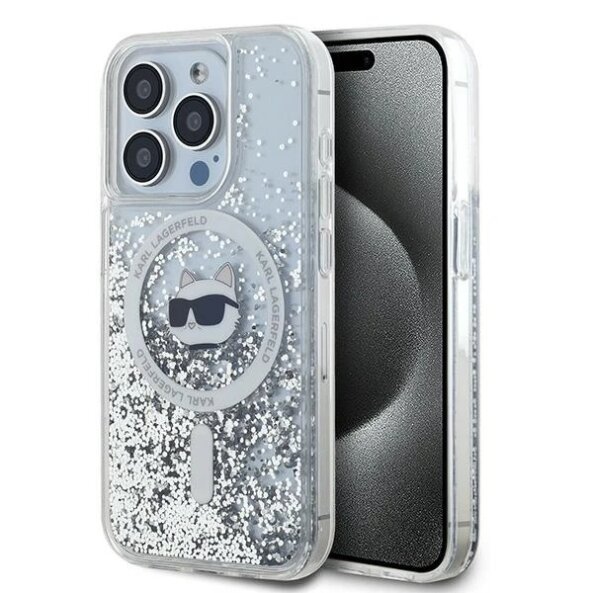 Husa MagSafe pentru Apple iPhone 15 Pro Max, Karl Lagerfeld, Liquid Glitter Choupette Head, Transparenta