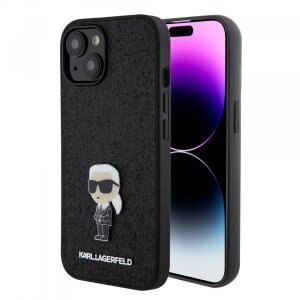 Husa pentru Apple iPhone 15, Karl Lagerfeld, Fixed Glitter Metal Ikonik, Neagra