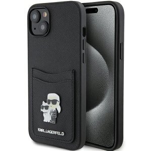 Husa pentru Apple iPhone 15, Karl Lagerfeld, Saffiano Card Slot Metal Karl &amp; Choupette, Neagra