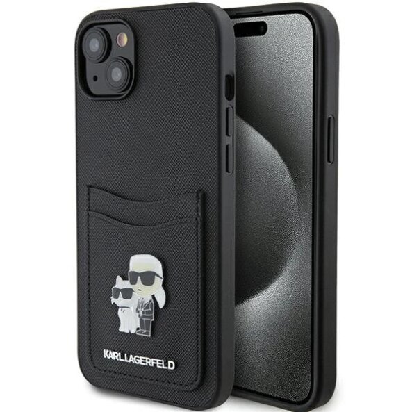 Husa pentru Apple iPhone 15, Karl Lagerfeld, Saffiano Card Slot Metal Karl &amp; Choupette, Neagra