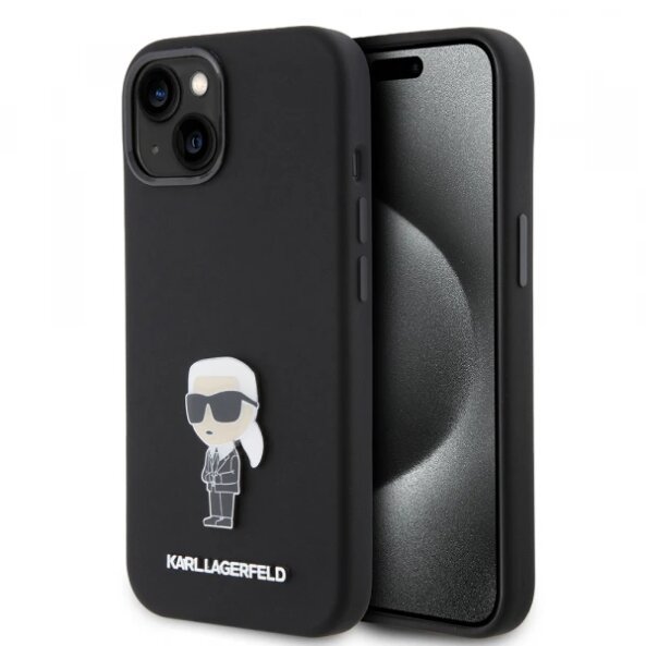 Husa pentru Apple iPhone 15, Karl Lagerfeld, Silicone Metal Ikonik, Neagra
