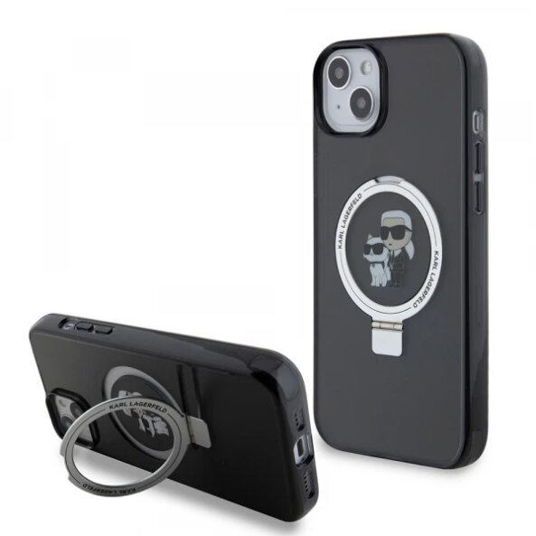 Husa pentru Apple iPhone 15 Plus, Karl Lagerfeld, Ringstand Karl &amp; Choupette, Neagra