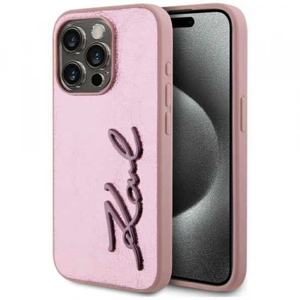 Husa pentru Apple iPhone 15 Pro, Karl Lagerfeld, Metal Signature, Roz