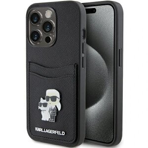 Husa pentru Apple iPhone 15 Pro, Karl Lagerfeld, Saffiano Card Slot Metal Karl &amp; Choupette, Neagra