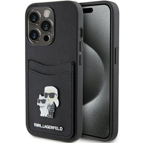 Husa pentru Apple iPhone 15 Pro, Karl Lagerfeld, Saffiano Card Slot Metal Karl &amp; Choupette, Neagra
