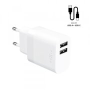 Incarcator Retea Cu Cablu USB-C Fixed, 17W, 3A, 2 x USB-A, Alb