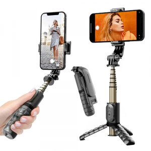 Selfie Stick Bluetooth Techsuit Q10 Gimbal, Universal, Negru