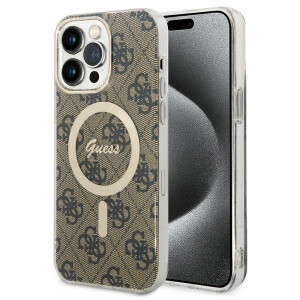 Husa MagSafe pentru Apple iPhone 15 Pro, Guess, 4G IML, Maro GUHMP15LH4STW 