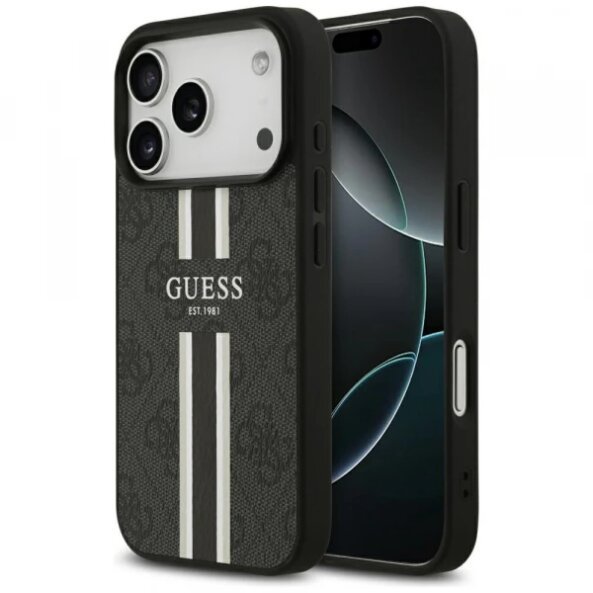 Husa MagSafe pentru Apple iPhone 17 Pro, Guess, 4G Printed Stripes, Neagra