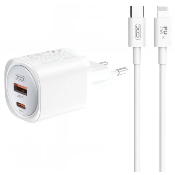 Incarcator Retea Cu Cablu Lightning XO Design CE21, 30W, 3A, 1 x USB-A - 1 x USB-C, Alb 
