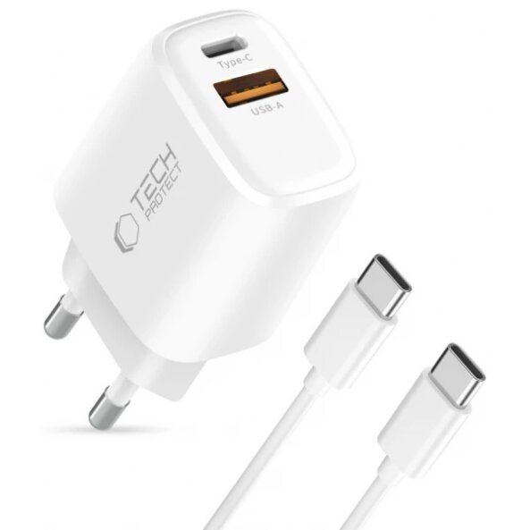 Incarcator Retea Cu Cablu USB-C Tech-Protect NCA45W, 45W, 3A, 1 x USB-A - 1 x USB-C, Alb 