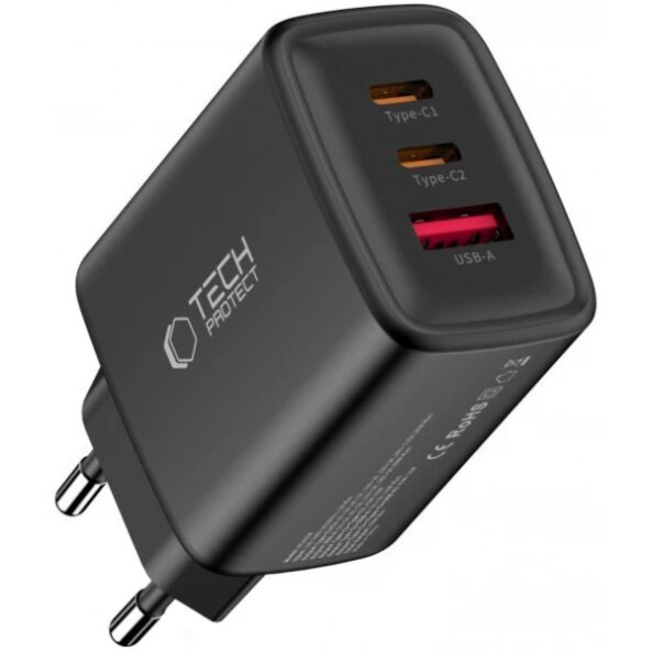 Incarcator Retea Tech-Protect NCA65W, 65W, 3A, 1 x USB-A - 2 x USB-C, Negru 