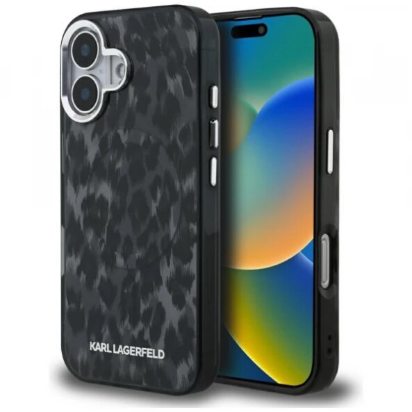 Husa MagSafe pentru Apple iPhone 16, Karl Lagerfeld, IML Leopard Pattern, Neagra