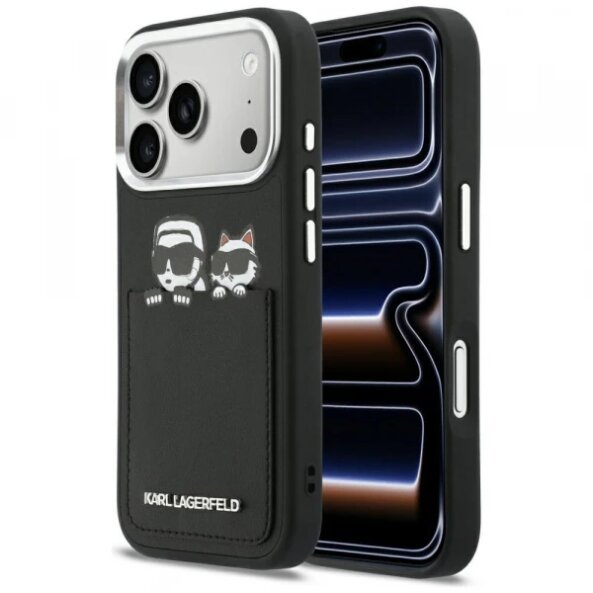 Husa pentru Apple iPhone 17 Pro, Karl Lagerfeld, Karl &amp; Choupette Print with Pocket, Neagra
