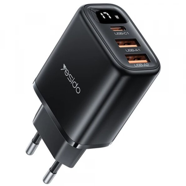 Incarcator Retea Yesido YC67 Display, 17W, 2.4A, 2 x USB-A - 1 x USB-C, Negru