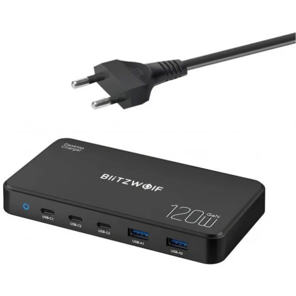 Incarcator Statie BlitzWolf BW-i100, 120W, 5A, 2 x USB-A - 3 x USB-C, Negru 