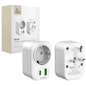 Incarcator Retea Tech-Protect TA100 Travel UK, 20W, 3A, 1 x Schuko - 1 x USB-A - 1 x USB-C, Alb 