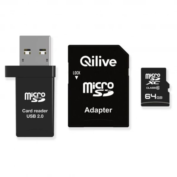 Card Memorie microSDXC Qilive, 64Gb, Clasa 10, Cu Cititor Card si Adaptor EKMSDM64GXC10QL