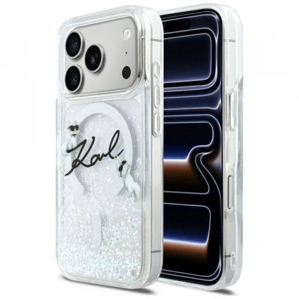 Husa MagSafe pentru Apple iPhone 17 Pro, Karl Lagerfeld, Glitter Karl Script Logo, Transparenta