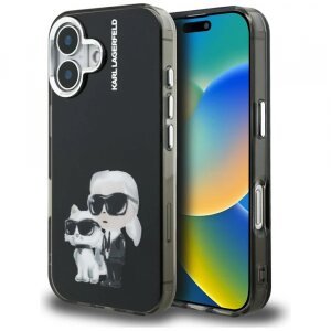 Husa pentru Apple iPhone 16, Karl Lagerfeld, IML Aquarelle Logo Karl &amp; Choupette, Neagra