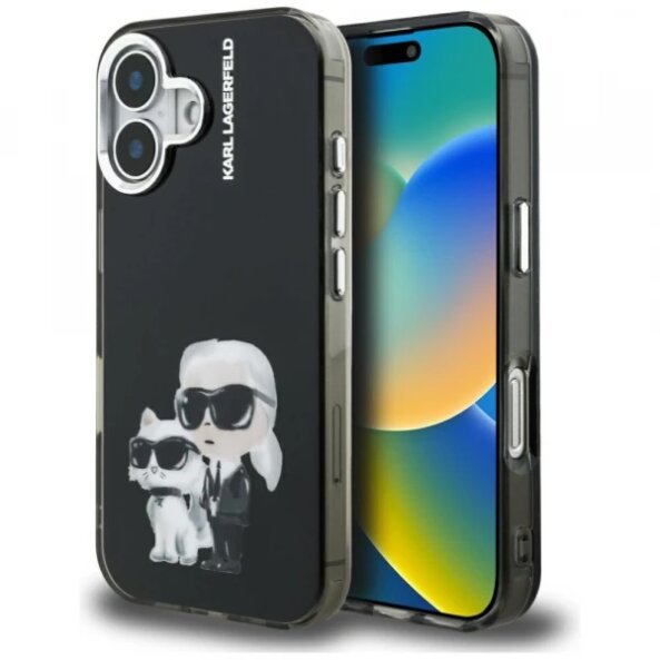 Husa pentru Apple iPhone 16, Karl Lagerfeld, IML Aquarelle Logo Karl &amp; Choupette, Neagra