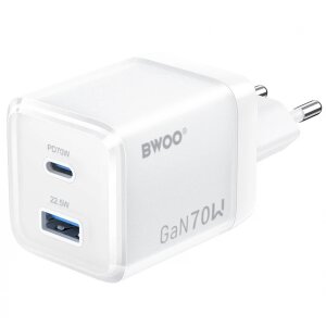Incarcator Retea BWOO CDA224, 70W, 3.25A, 1 x USB-A - 1 x USB-C, Alb 