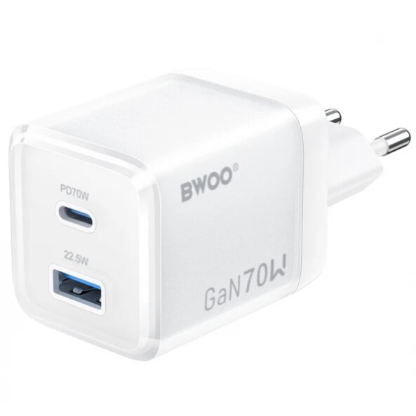 Incarcator Retea BWOO CDA224, 70W, 3.25A, 1 x USB-A - 1 x USB-C, Alb 