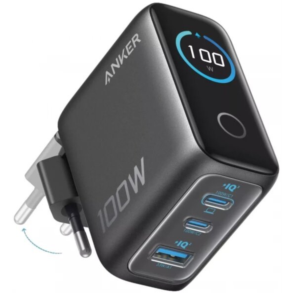 Incarcator Retea Cu Cablu USB-C Anker Smart Display, 100W, 5A, 1 x USB-A - 2 x USB-C, Gri, Resigilat B121BGZ1 
